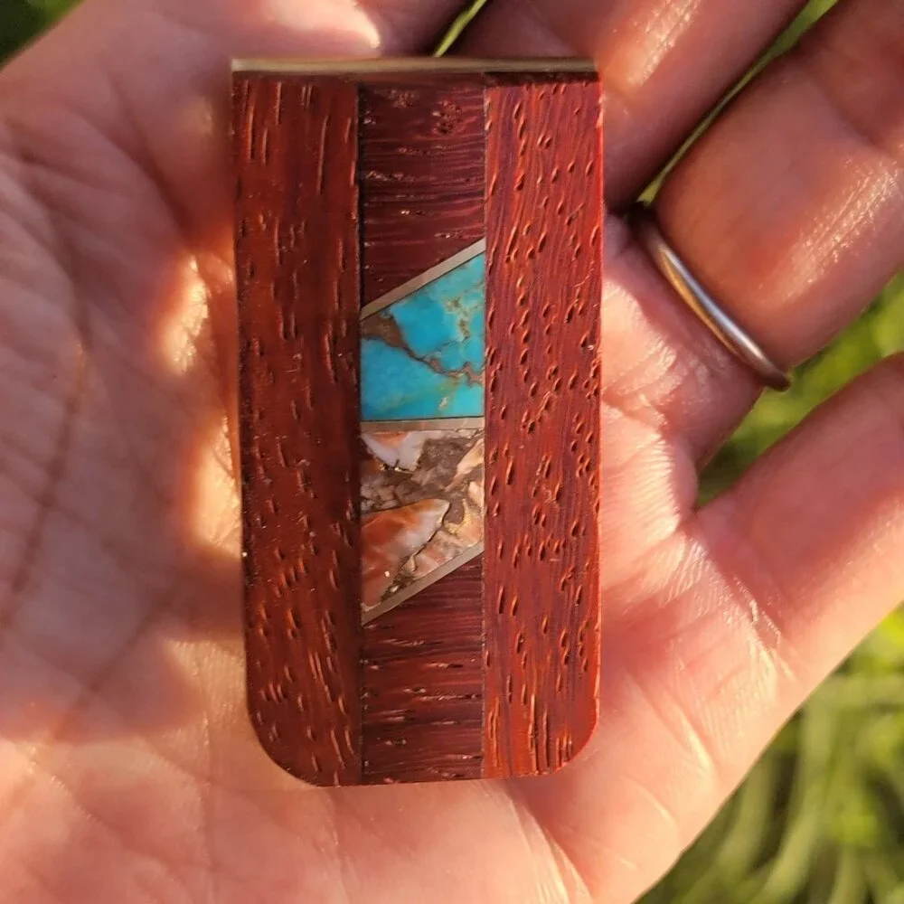 Handmade Southwestern copper turquoise, copper spiny oyster, rosewood money clip